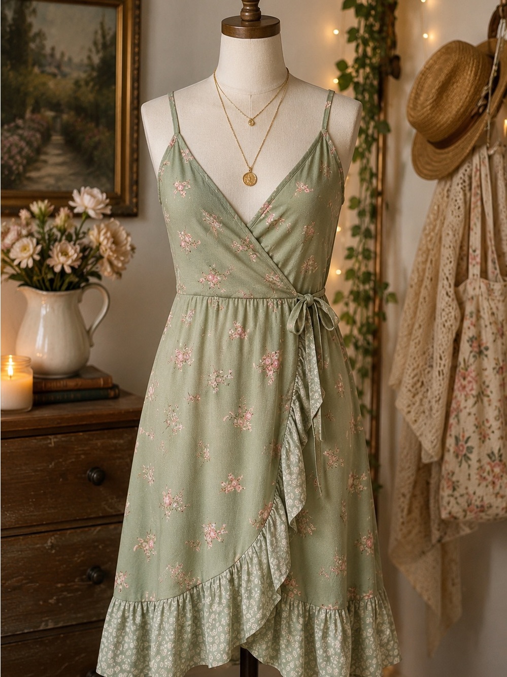Lily Rose Sage Green Floral Wrap Midi Dress